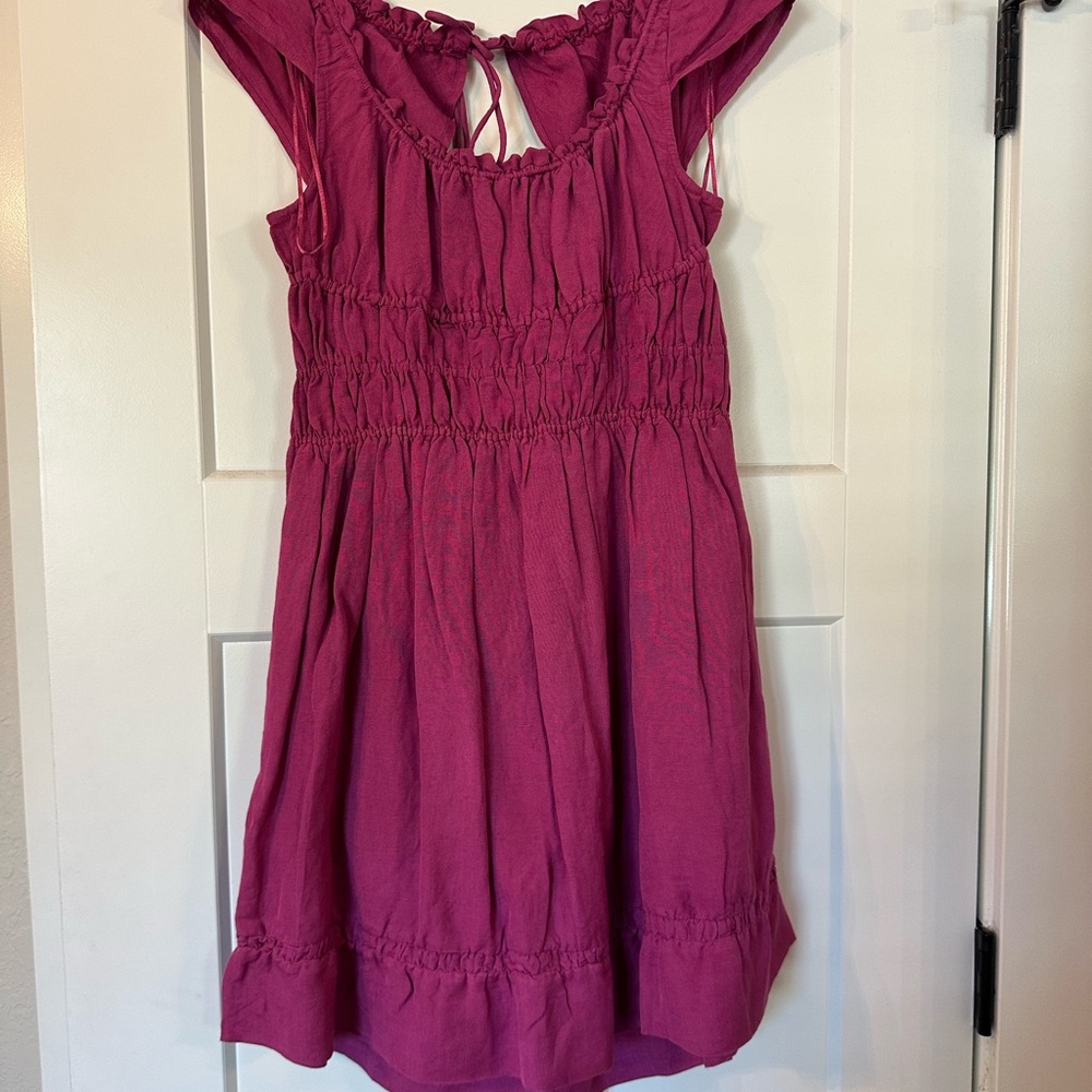 Anthropologie Pink Ruched Sundress with Flutter Sleeves